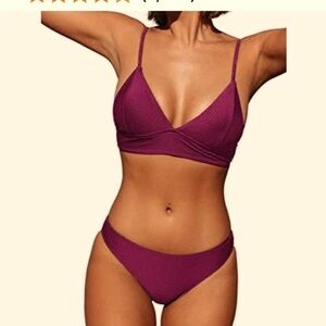 CUPSHE Wine V Neck Ribbed Adjustable‎ Pull Over Hipster Bikini Swimsuit